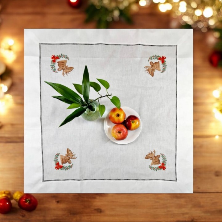  Christmas square table cloth - Reindeer embroidery (size 90cm)